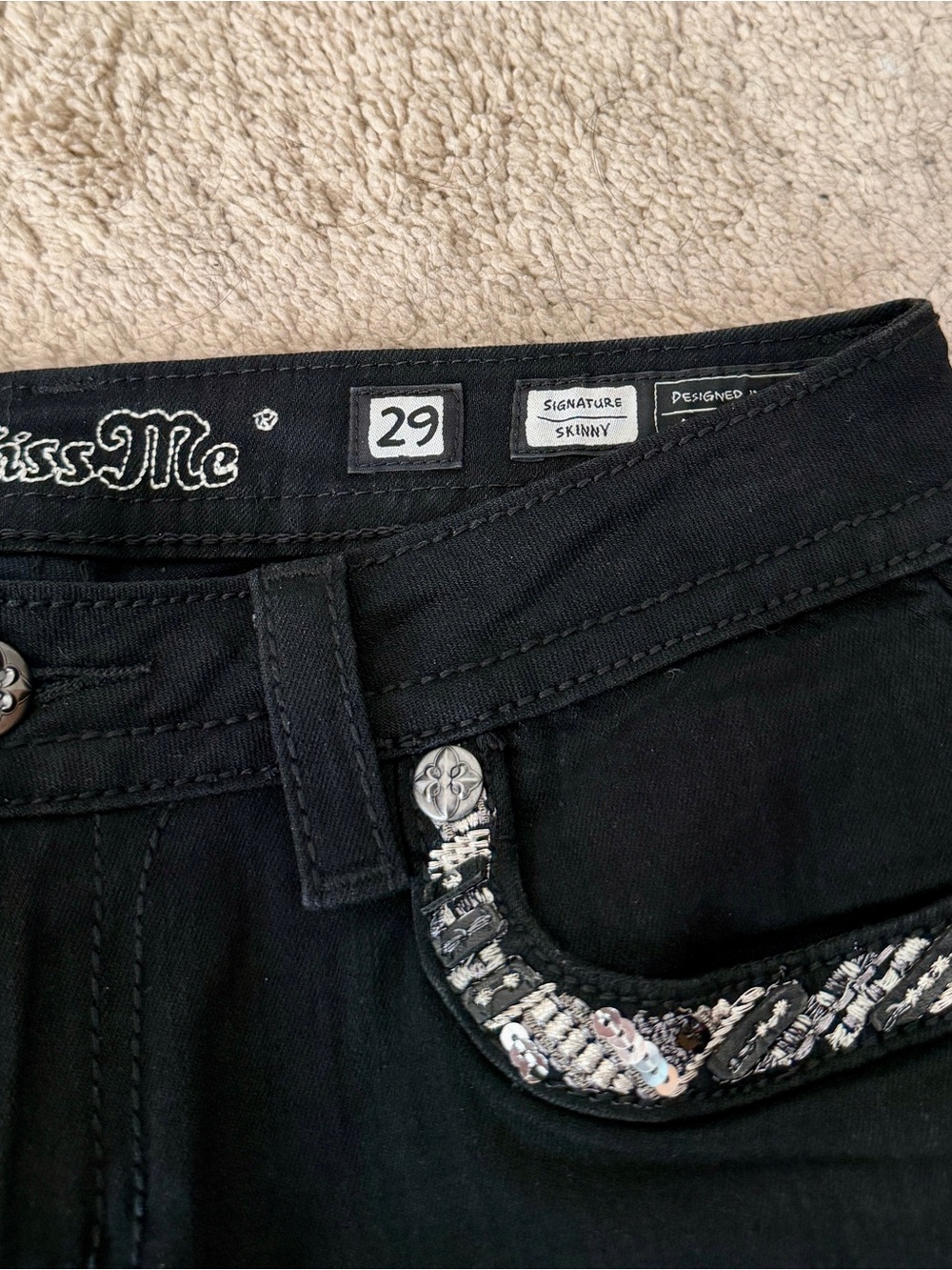 Womens Miss Me Jeans Size 29 X 30 Skinny Y2K Black Rhinestone Embellished Sequin - Picture 9 of 10